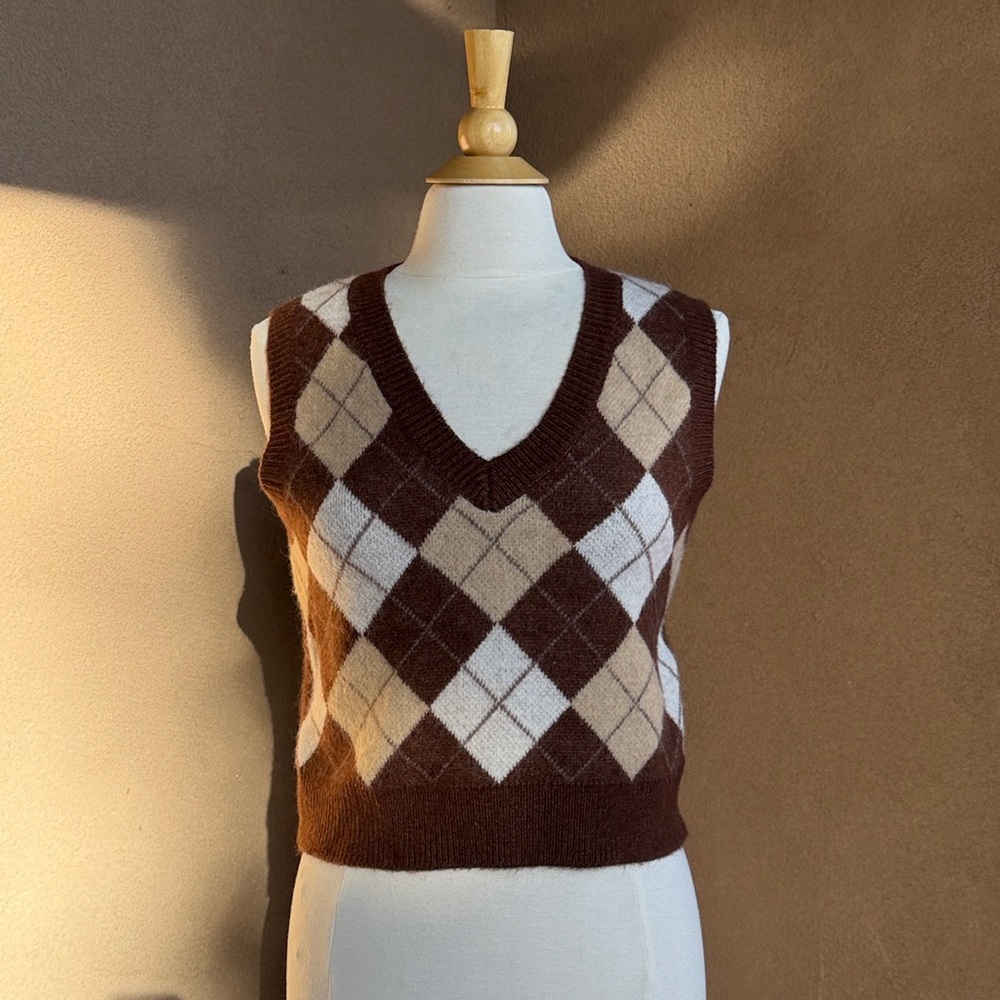 Altar’d State Argyle V-Neck Sweater Vest - Brown and Cream